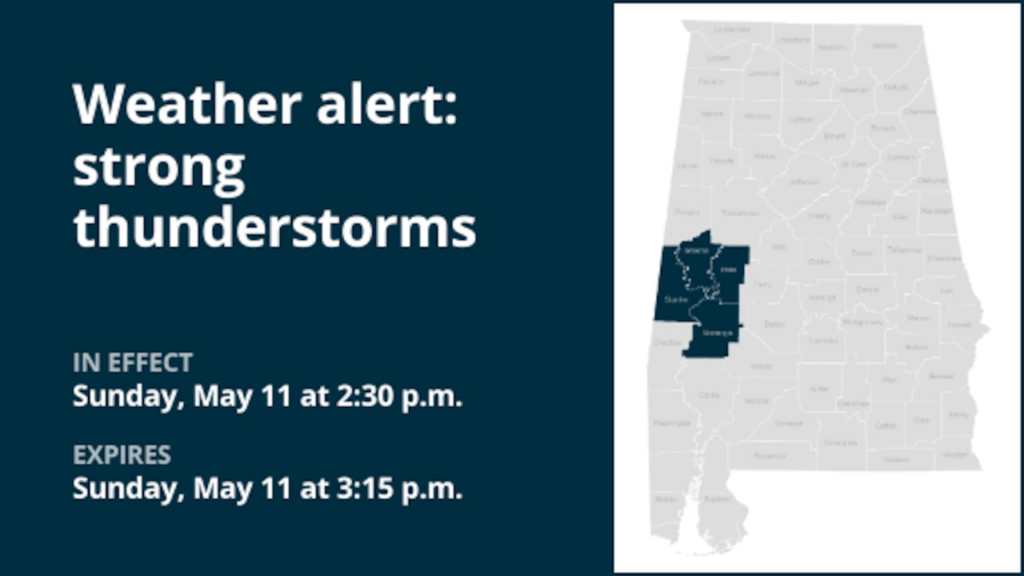 Prepare for marble-sized hail with thunderstorms in West Central Alabama Sunday, winds gusting up to 40 mph