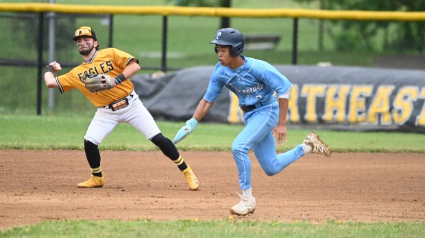 Northeast’s Michael Kooser makes a throw to second to force...