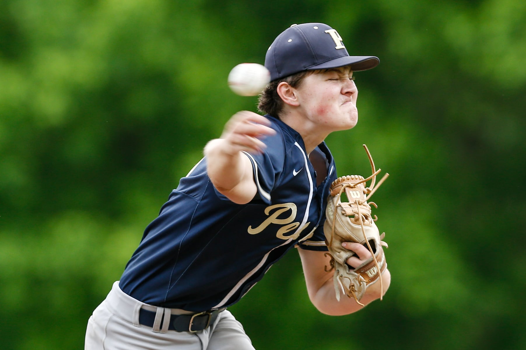 Brody Bruchner (15) of Peddie throws the final pitch of the game for a strikeout to win the Prep A semifinal baseball game between Hun and Peddie at The Hun School of Princeton in Princeton, NJ on 5/18/25.