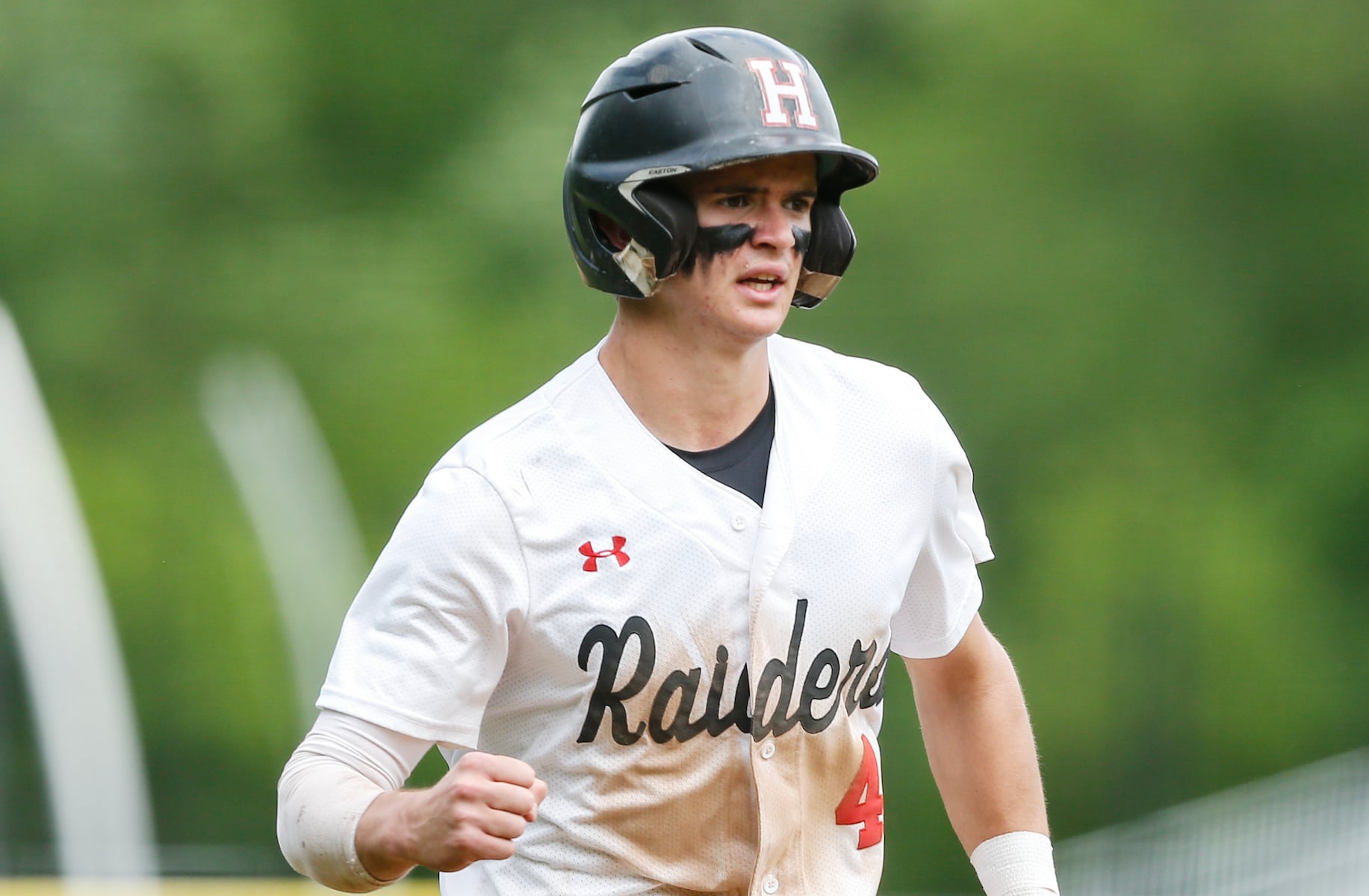 John Rossman (4) of Hun reacts as he scores a run during the Prep A semifinal baseball game between Hun and Peddie at The Hun School of Princeton in Princeton, NJ on 5/18/25.