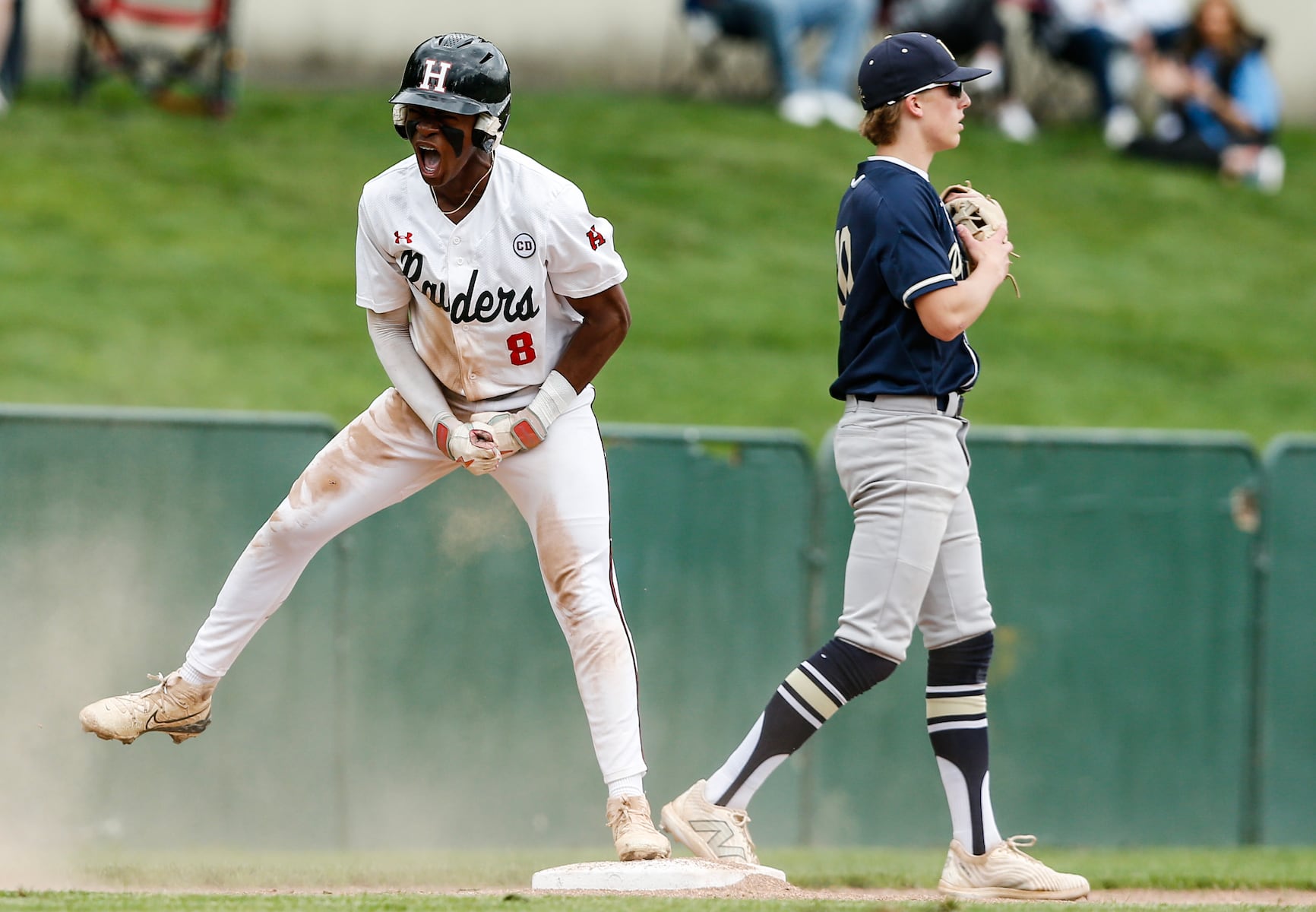 T.J. Francis (8) of Hun reacts after a triple during the Prep A semifinal baseball game between Hun and Peddie at The Hun School of Princeton in Princeton, NJ on 5/18/25.