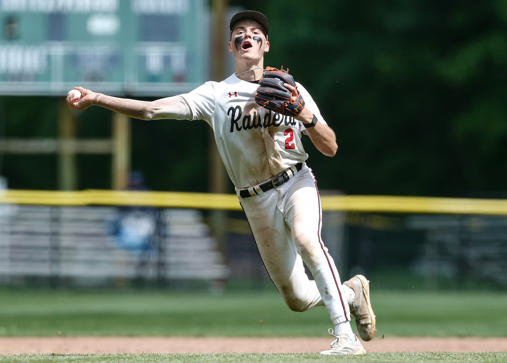 William Kraemer (2) of Hun fields a ground ball and fires home for a force out during the Prep A semifinal baseball game between Hun and Peddie at The Hun School of Princeton in Princeton, NJ on 5/18/25.