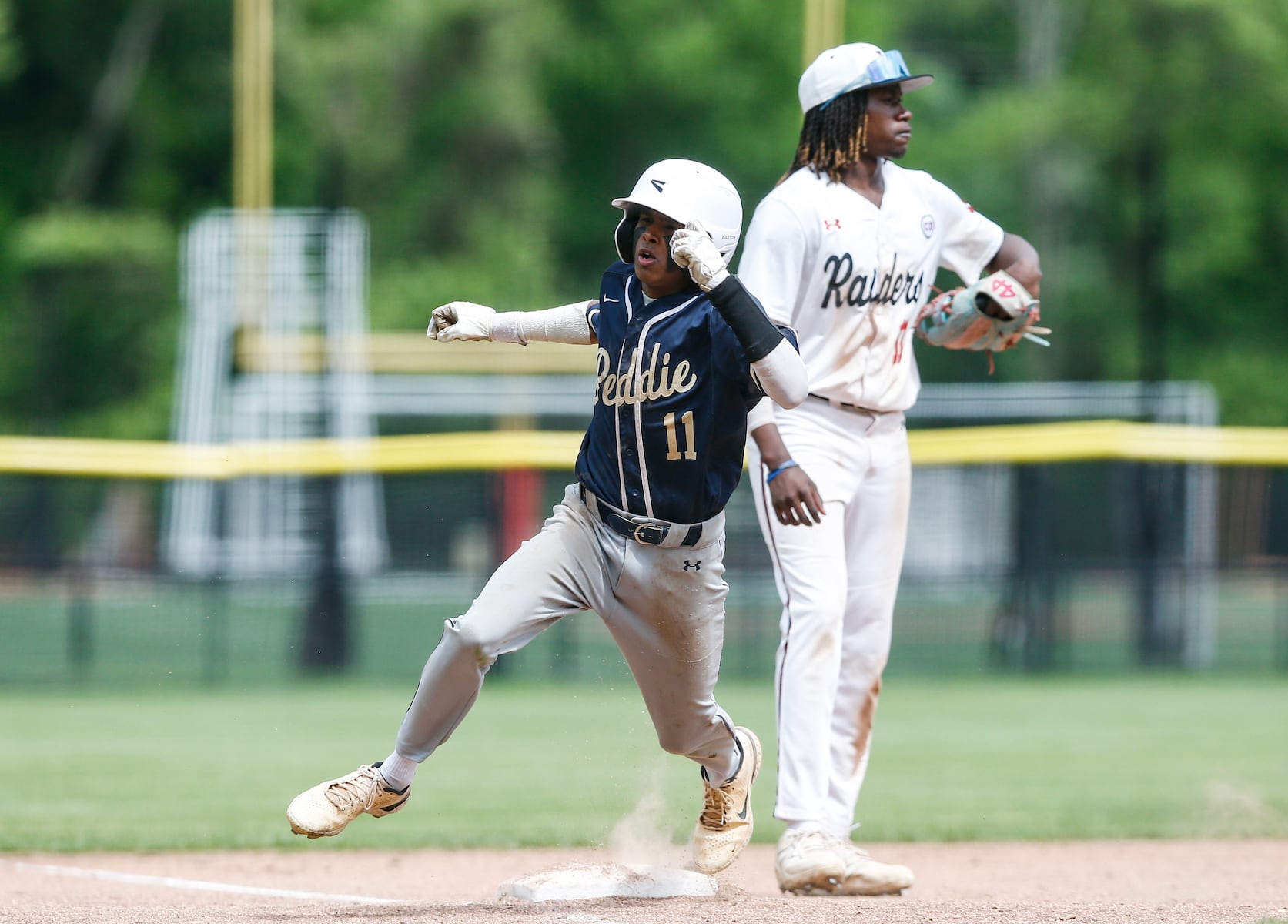 Jaden Heble (11) of Peddie rounds third before holding up during the Prep A semifinal baseball game between Hun and Peddie at The Hun School of Princeton in Princeton, NJ on 5/18/25.
