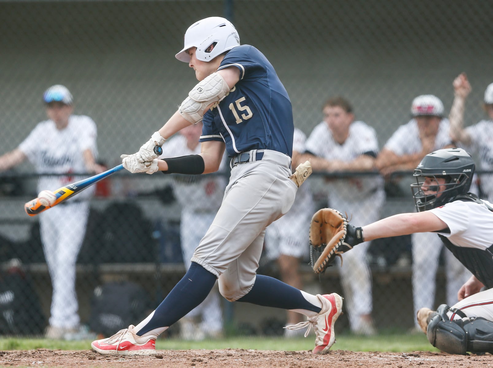 Brody Bruchner (15) of Peddie drives in two runs on this single during the Prep A semifinal baseball game between Hun and Peddie at The Hun School of Princeton in Princeton, NJ on 5/18/25.