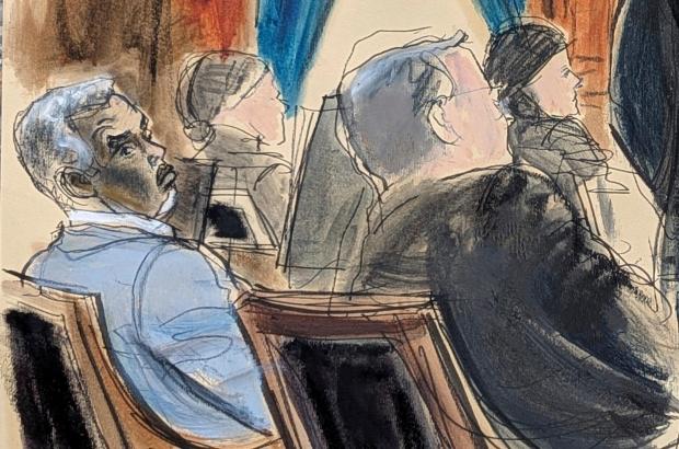 Sean Diddy’Combs, far left, and attorney Marc Agnifilo, right, sit...