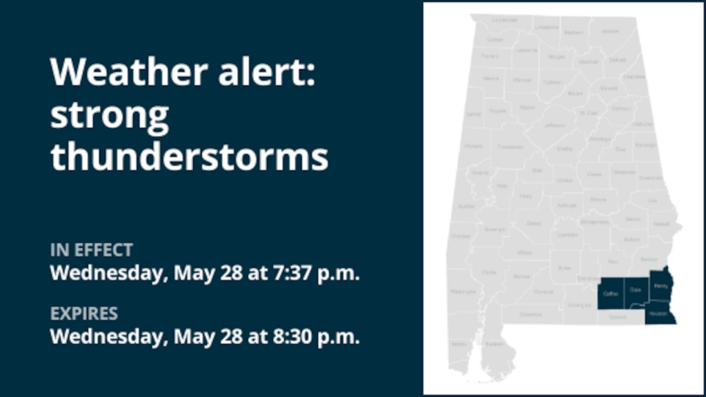 Thunderstorms with pea-sized hail in Southeast Alabama Wednesday, gusts to hit 40 mph