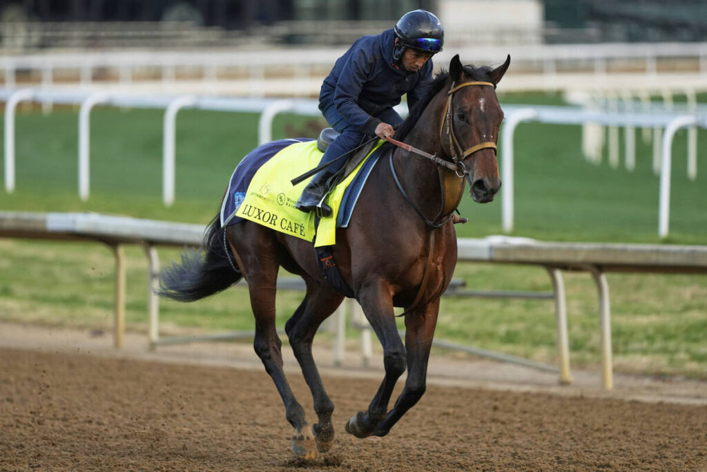 Kentucky Derby entrant Luxor Cafe, from Japan, works out at Churchill Downs Monday, April 28, 2 ...