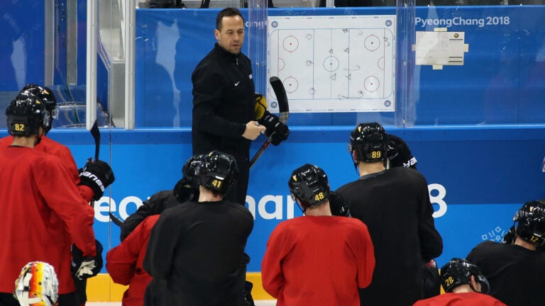 Head coach Marco Sturm of the Men's German Ice Hockey Team conducts practice ahead of the PyeongChang 2018 Winter Olympic Games at the Gangneum Hockey Centre on February 9, 2018 in Pyeongchang-gun, South Korea.