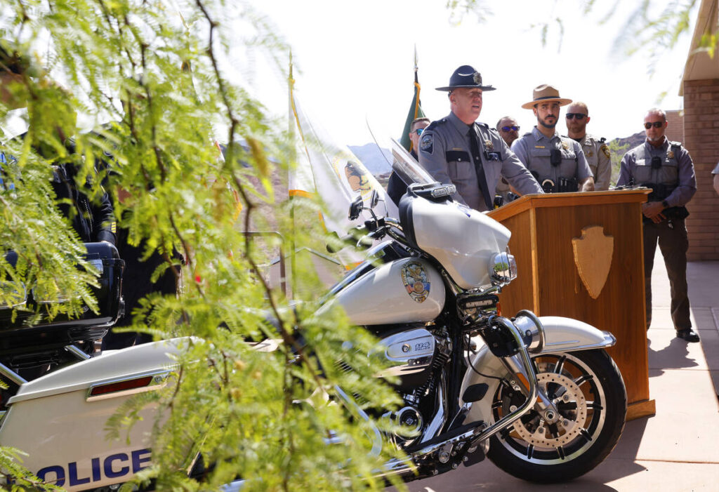 Trooper Shawn Haggstrom, a spokesperson for the Nevada Highway Patrol, speaks about motorcycle ...