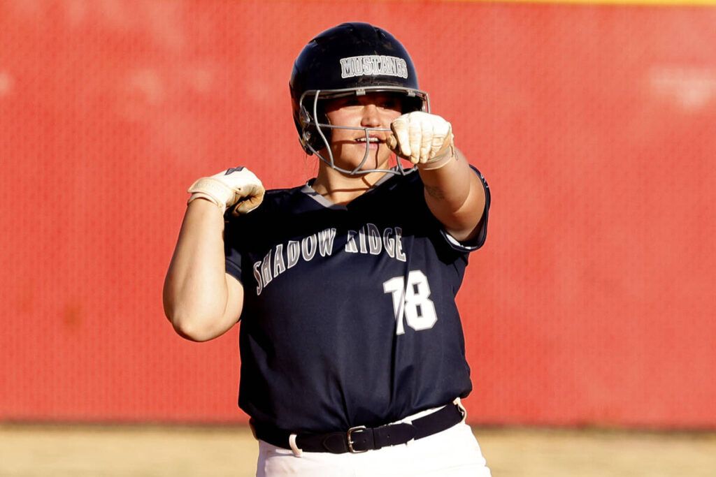 Shadow Ridge Madison Foster (18) reacts after hitting two RBI and a double against Arbor View d ...