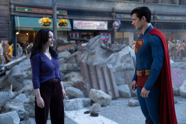 Lois Lane (Rachel Brosnahan) sizes up her coworker in disguise (David Corenswet) in "Superman." (Jessica Miglio/Warner Bros. Entertainment)