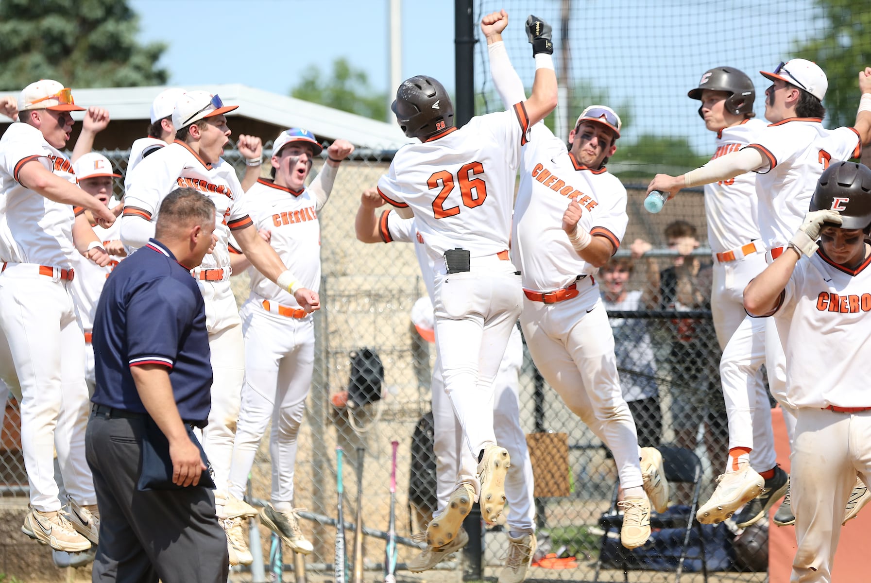Cherokee players react to a leadoff home run by Brett Jackson (26) in the third inning of Tuesday's South Jersey Group 4 semifinal against Kingsway.