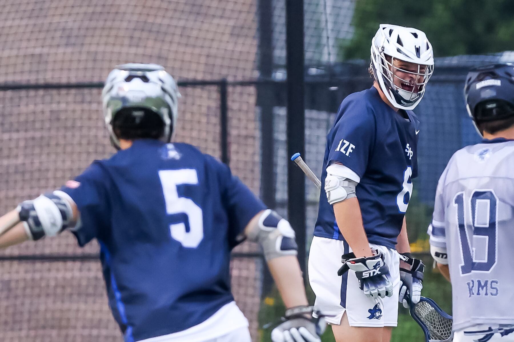Charlie Killen (8) of Seton Hall Prep celebrates with Nolan Sabel (5) after scoring a goal against Manasquan during the boys lacrosse Kirst Cup semifinal at Kean University  in Union, NJ on Tuesday, June 17, 2025.