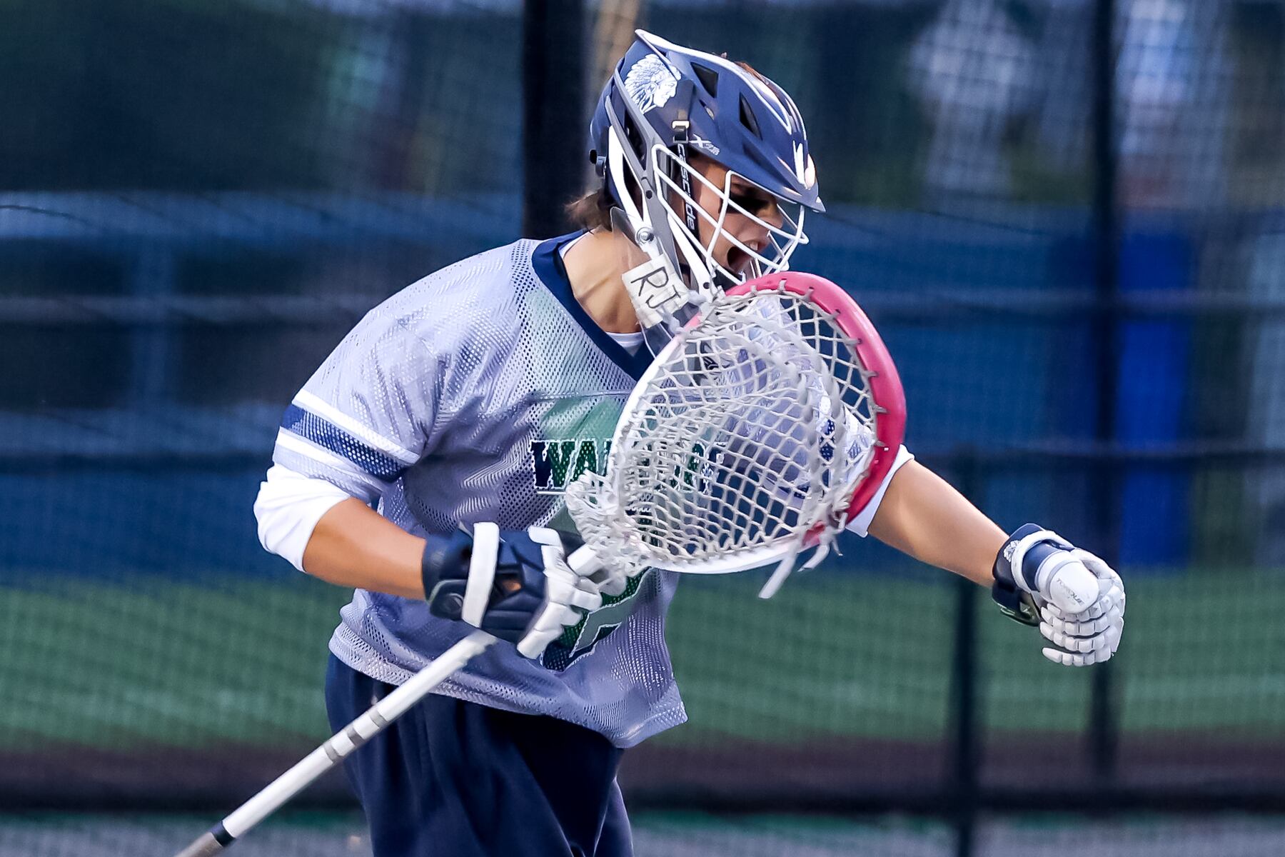 Pat Loxley (2) of Manasquan is fired up after getting a possession call against Seton Hall Prep during the boys lacrosse Kirst Cup semifinal at Kean University  in Union, NJ on Tuesday, June 17, 2025.
