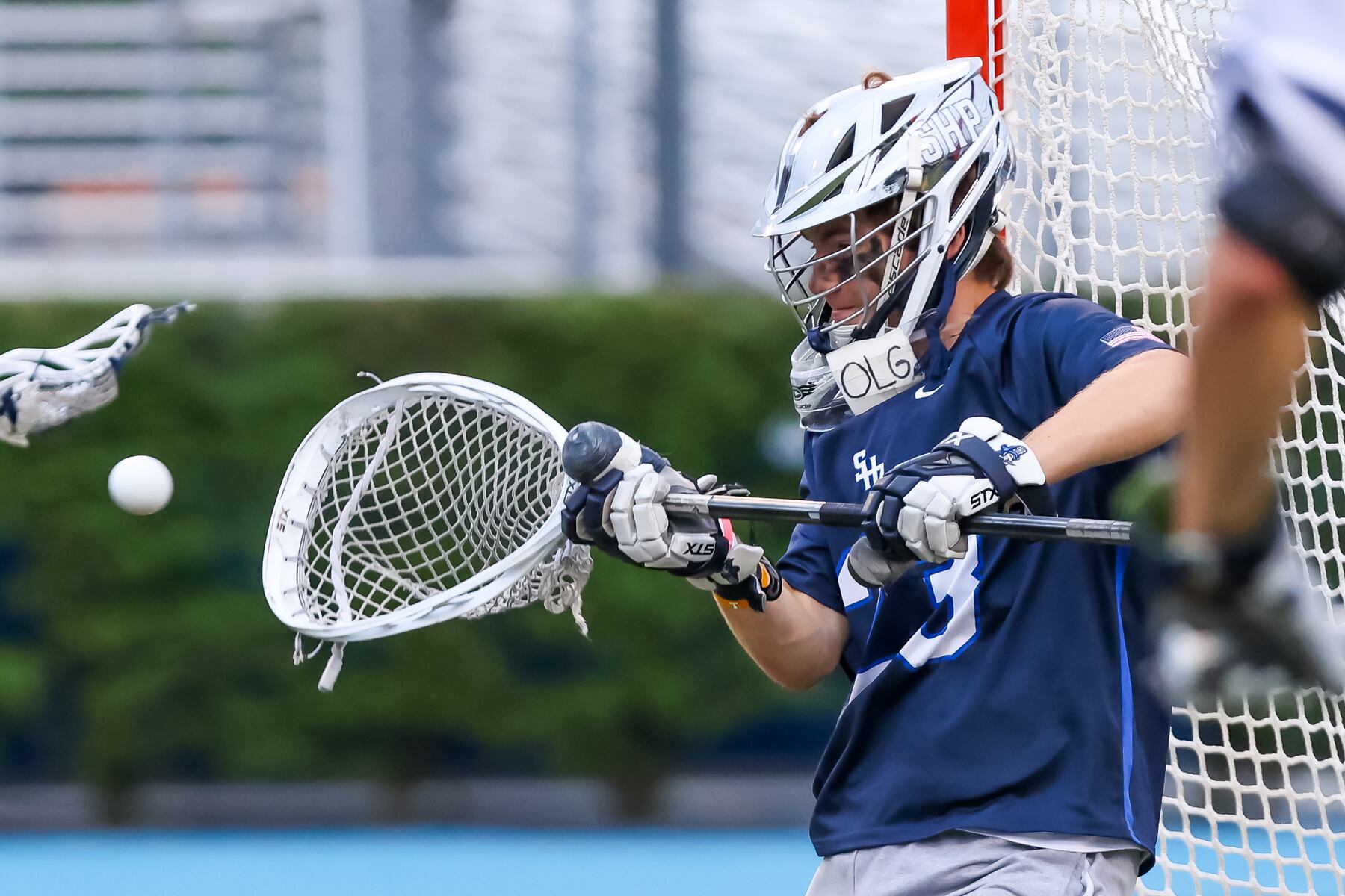 Conor Keenan (23) of Seton Hall Prep makes a save against Manasquan during the boys lacrosse Kirst Cup semifinal at Kean University  in Union, NJ on Tuesday, June 17, 2025.