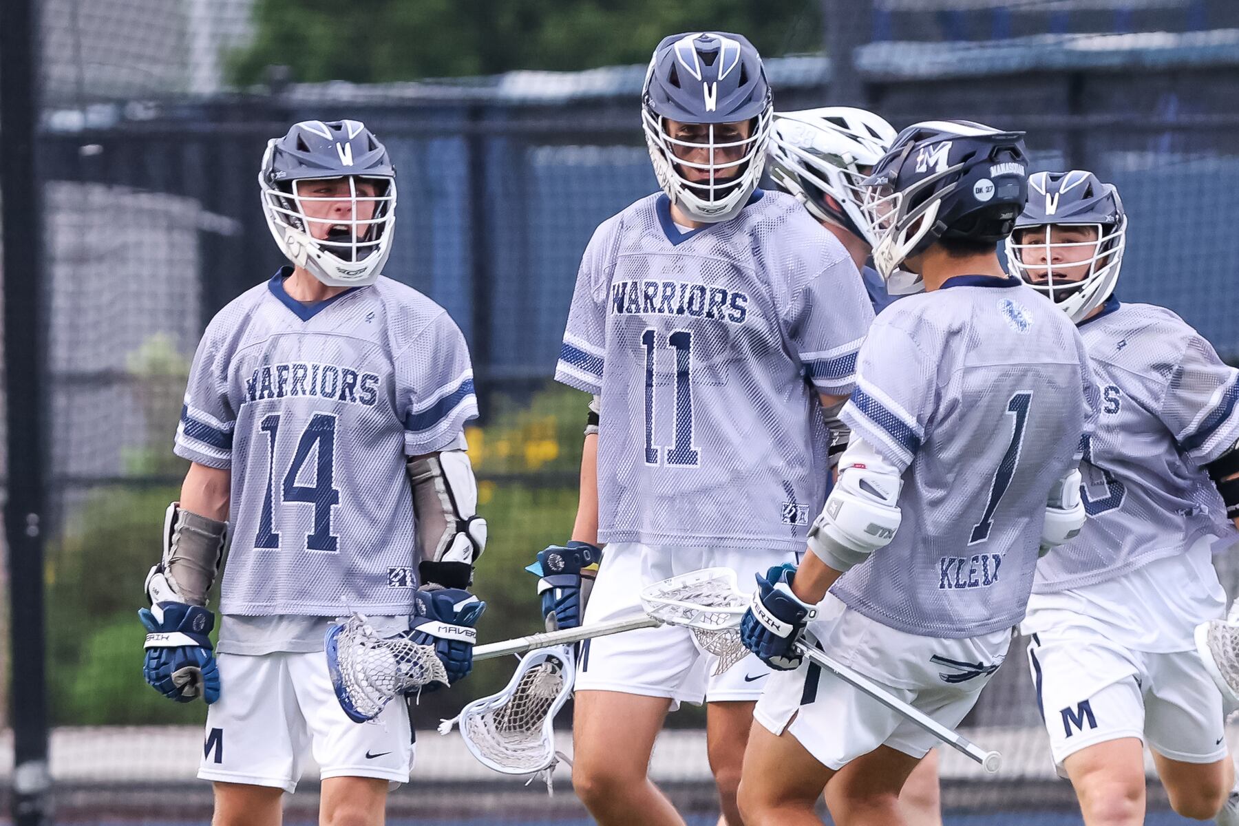 Kieran Schneider (14) of Manasquan celebrates with Matt Schneider (11) and Dax Klein (1) after scoring a goal against Seton Hall Prep during the boys lacrosse Kirst Cup semifinal at Kean University  in Union, NJ on Tuesday, June 17, 2025.