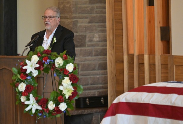 Walter Hamilton, the nephew of Raymond Farris Chambers and a California resident, was the only blood relative able to attend the funeral for the World War II glider pilot at Fairmount Funeral Home in Denver on June 18, 2025. During the service, Hamilton thanked several Denver-area residents who had helped care for his beloved uncle. (Photo by RJ Sangosti/The Denver Post)