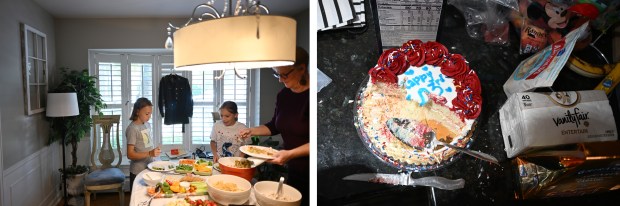 LEFT: Raymond Farris Chambers' World War II jacket hangs on display during a celebration of life at the home of Heather Holmes in Denver on June 18, 2025. The Holmes family hosted the gathering following Chambers' funeral service. RIGHT: Heather Holmes had a 103rd birthday cake in honor of Raymond Farris Chambers during the celebration of life gathering. (Photos by RJ Sangosti/The Denver Post)