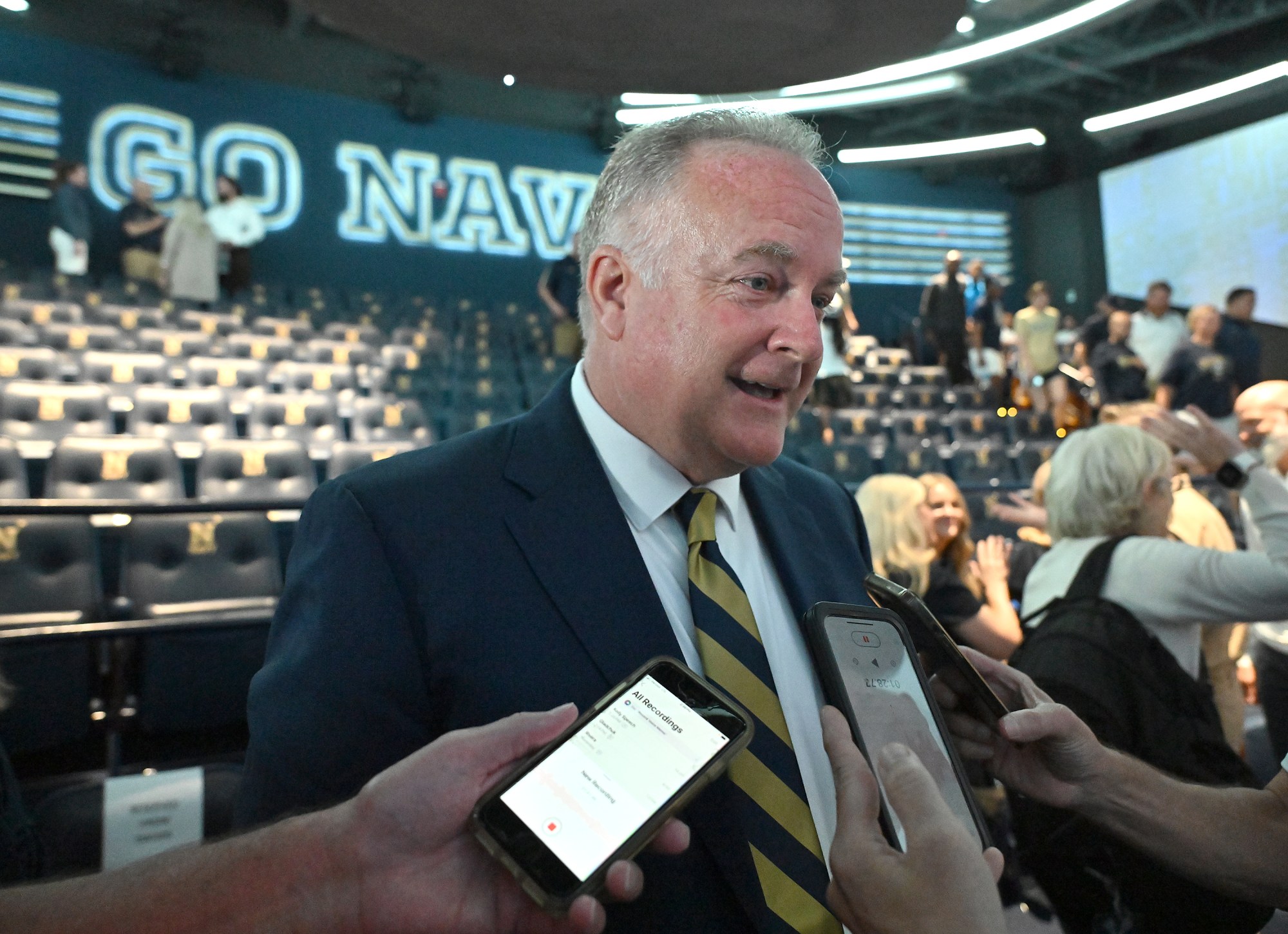 New Athletic Director Michael Kelly speaks to the press. Outgoing Navy Athletic Director Chet Gladchuk said his goodbyes to staff today and introduced new Navy athletic director Michael Kelly during an event at academy. (Paul W. Gillespie/Staff)