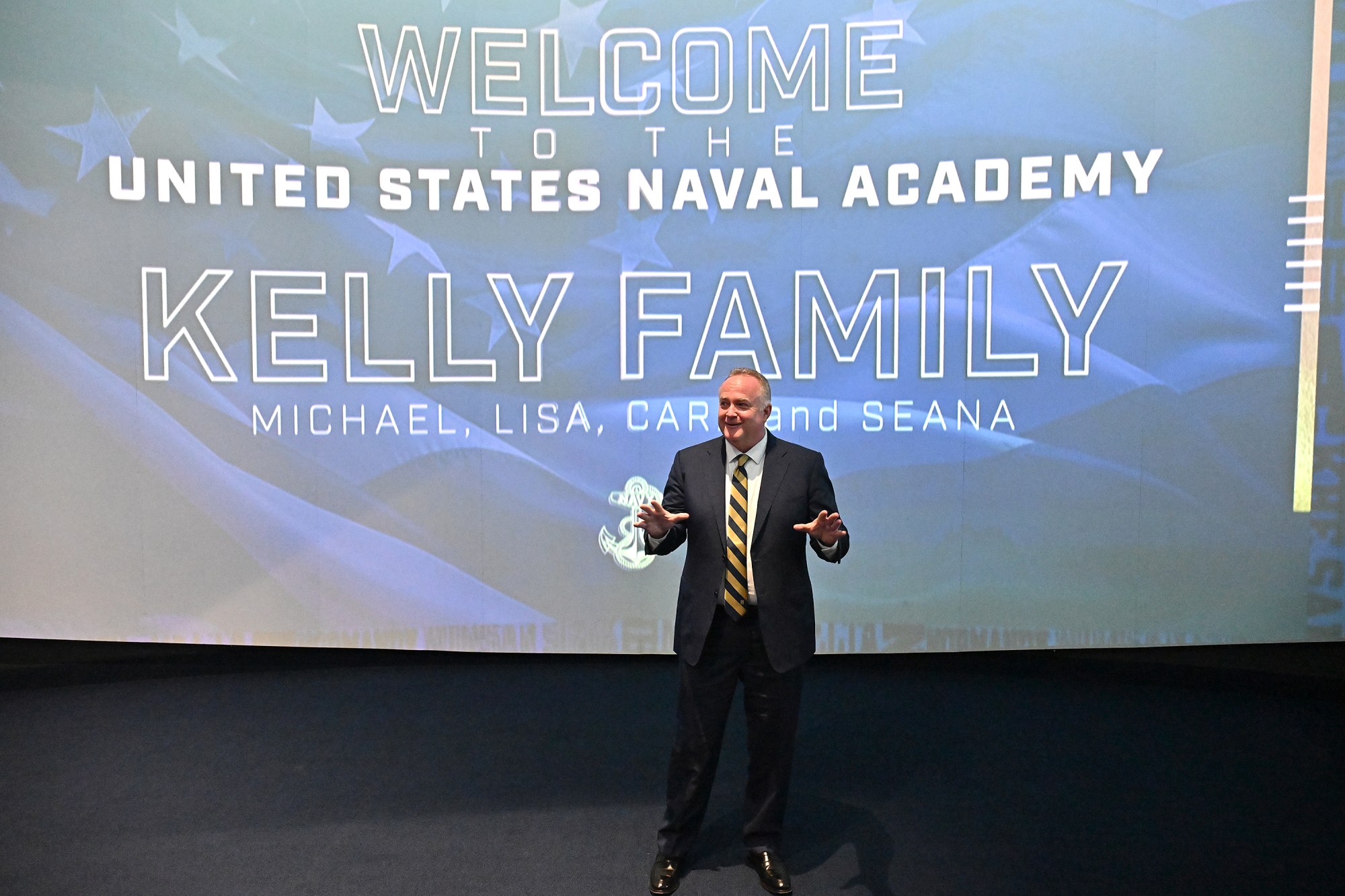 New Athletic Director Michael Kelly gives remarks. Outgoing Navy Athletic Director Chet Gladchuk said his goodbyes to staff today and introduced new Navy athletic director Michael Kelly during an event at academy. (Paul W. Gillespie/Staff)