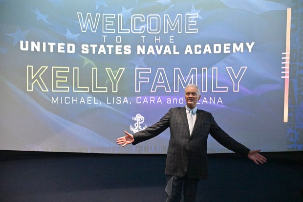 Outgoing Navy Athletic Director Chet Gladchuk gives remarks. Outgoing Navy Athletic Director Chet Gladchuk said his goodbyes to staff today and introduced new Navy athletic director Michael Kelly during an event at academy. (Paul W. Gillespie/Staff)