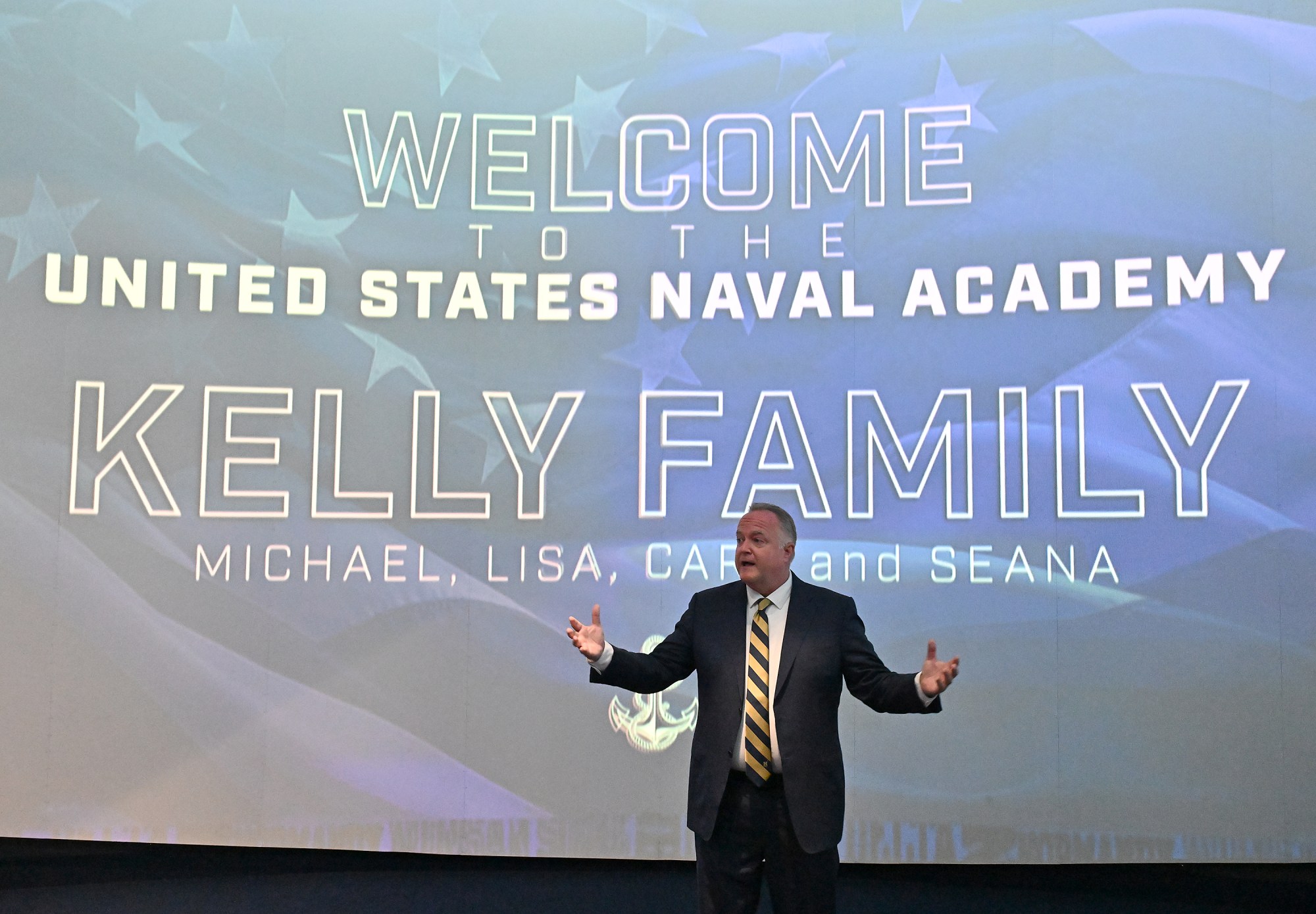 New Athletic Director Michael Kelly gives remarks. Outgoing Navy Athletic Director Chet Gladchuk said his goodbyes to staff today and introduced new Navy athletic director Michael Kelly during an event at academy. (Paul W. Gillespie/Staff)