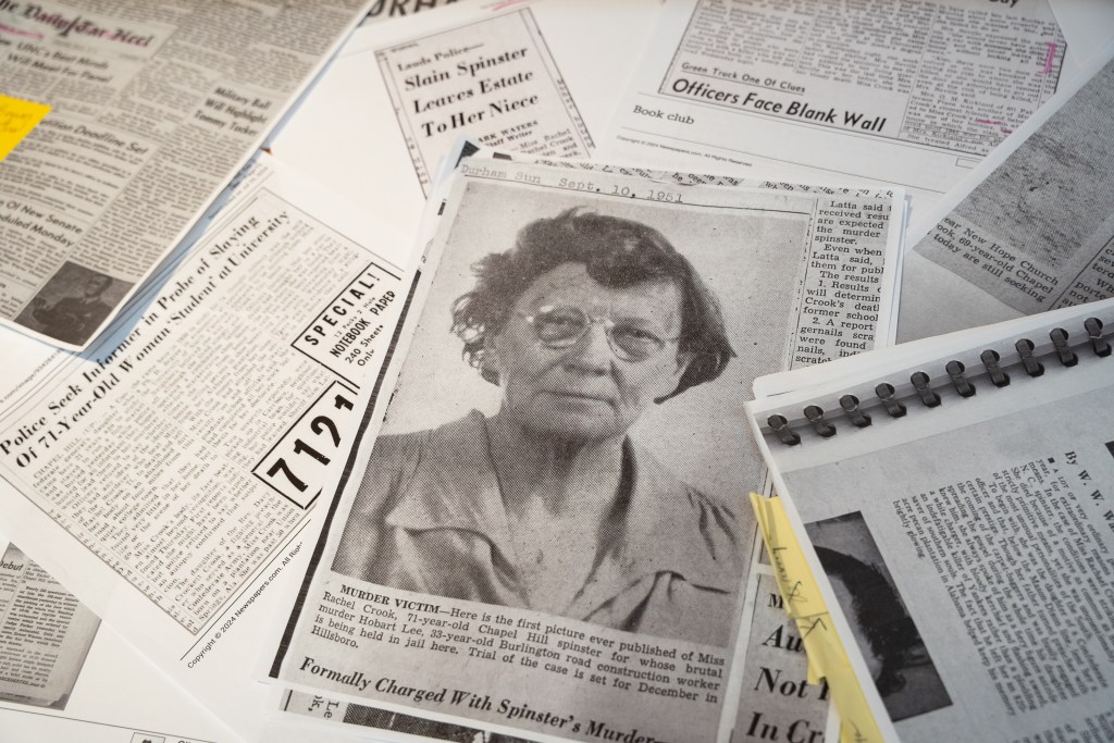 Newspaper archives about the 1951 murder of Rachel Crook. Photo by Angelica Edwards.