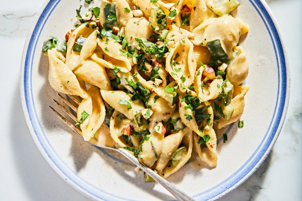 One-pot zucchini-basil pasta. Alexa Weibel's five-star pasta checks a lot of summer cooking boxes. Food styled by Barrett. Washburne. (Jenny Huang/The New York Times)