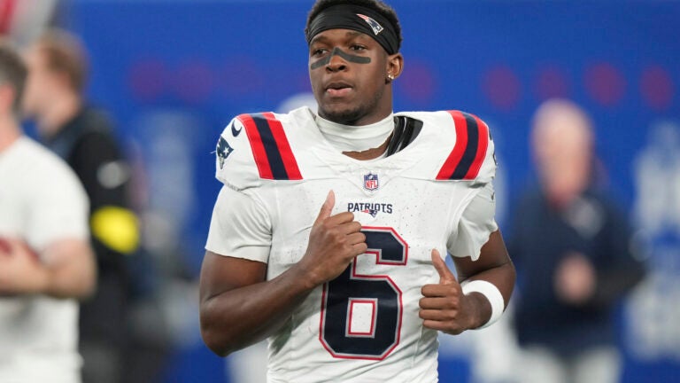 New England Patriots wide receiver Javon Baker (6) enters the field after half time during an NFL preseason football game against the New York Giants, Thursday, Aug.. 21, 2025, in East Rutherford, NJ.
