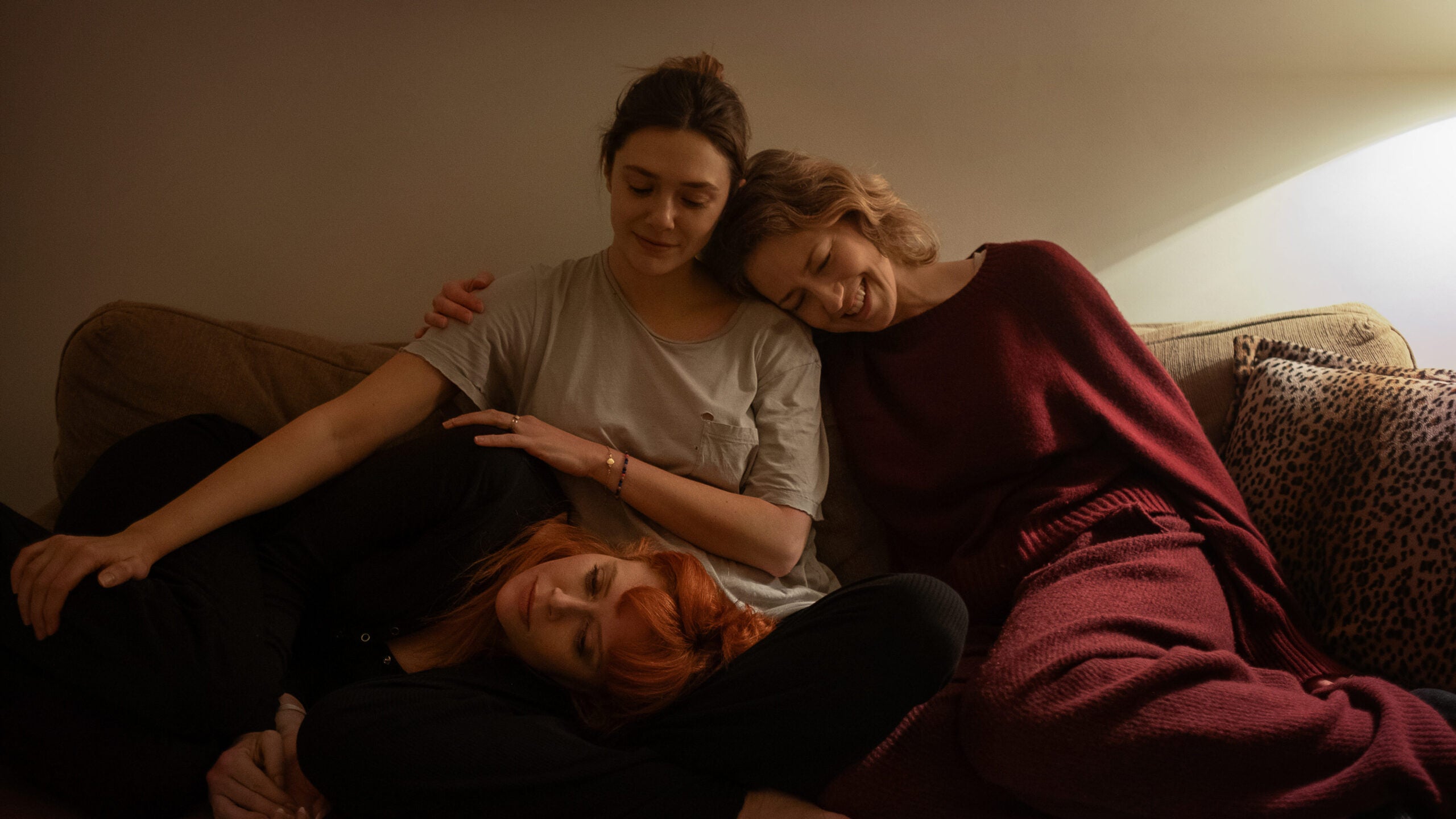 From left, Natasha Lyonne as Rachel, Elizabeth Olsen as Christina and Carrie Coon as Katie in “His Three Daughters.”