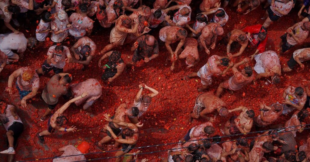 Tons of overripe tomatoes become projectiles in Spain’s ‘Tomatina’ food fight