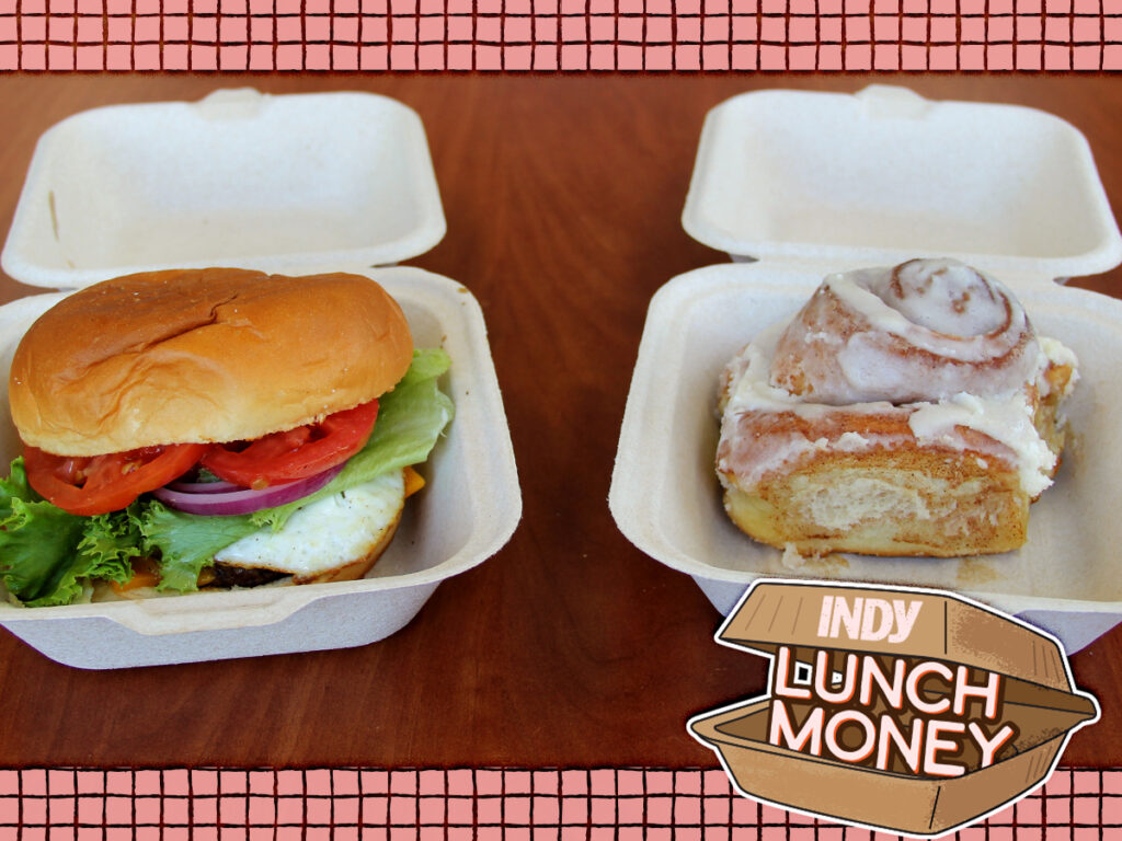 The breakfast sandwich and a cinnamon roll at Morning Rolls. Photo by Lena Geller
