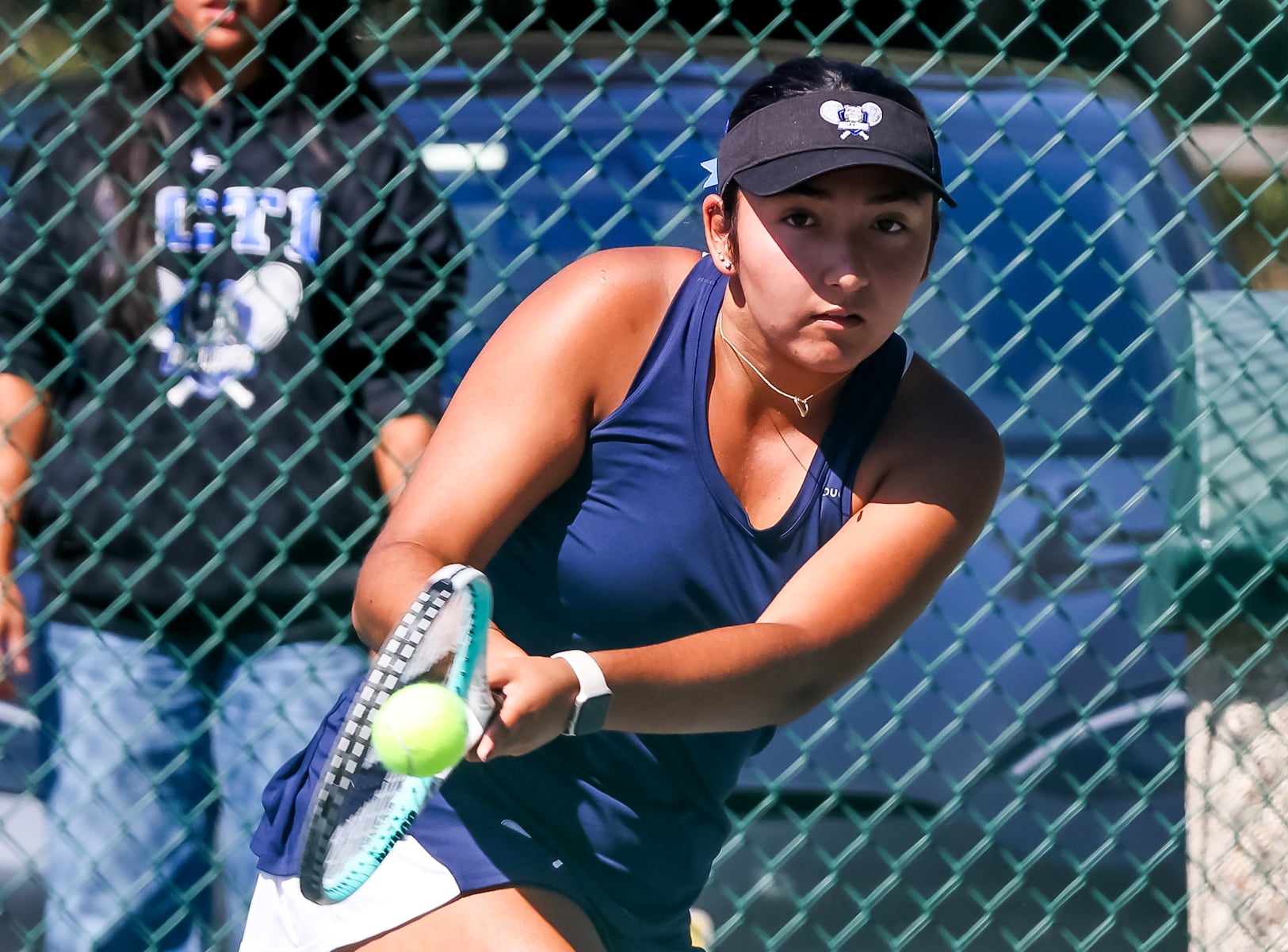 Shikha Gandhi of Passaic Tech returns a shot against Wayne Hills during the third singles match of the girls tennis Passaic County Final at Hershfield Park in Pompton Lakes, NJ on Friday, September 19, 2025.