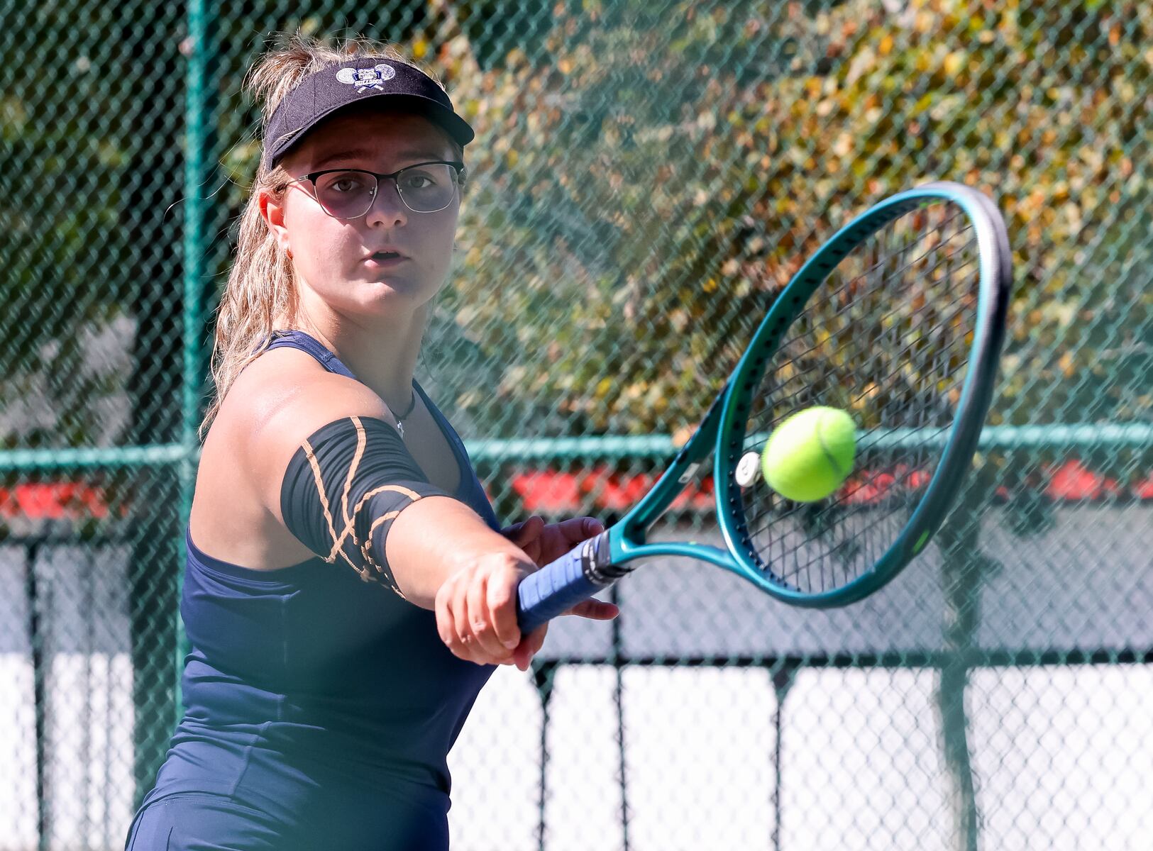 Hrystyna Khrupalo of Passaic Tech returns a shot against Lakeland during the first singles match of the girls tennis Passaic County Final at Hershfield Park in Pompton Lakes, NJ on Friday, September 19, 2025.