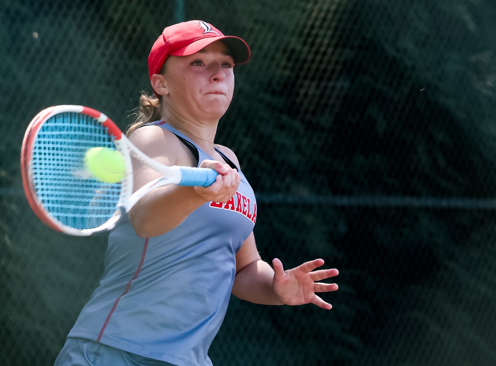 Katie Eviner of Lakeland returns a shot against Passaic Tech during the first singles match of the girls tennis Passaic County Final at Hershfield Park in Pompton Lakes, NJ on Friday, September 19, 2025.
