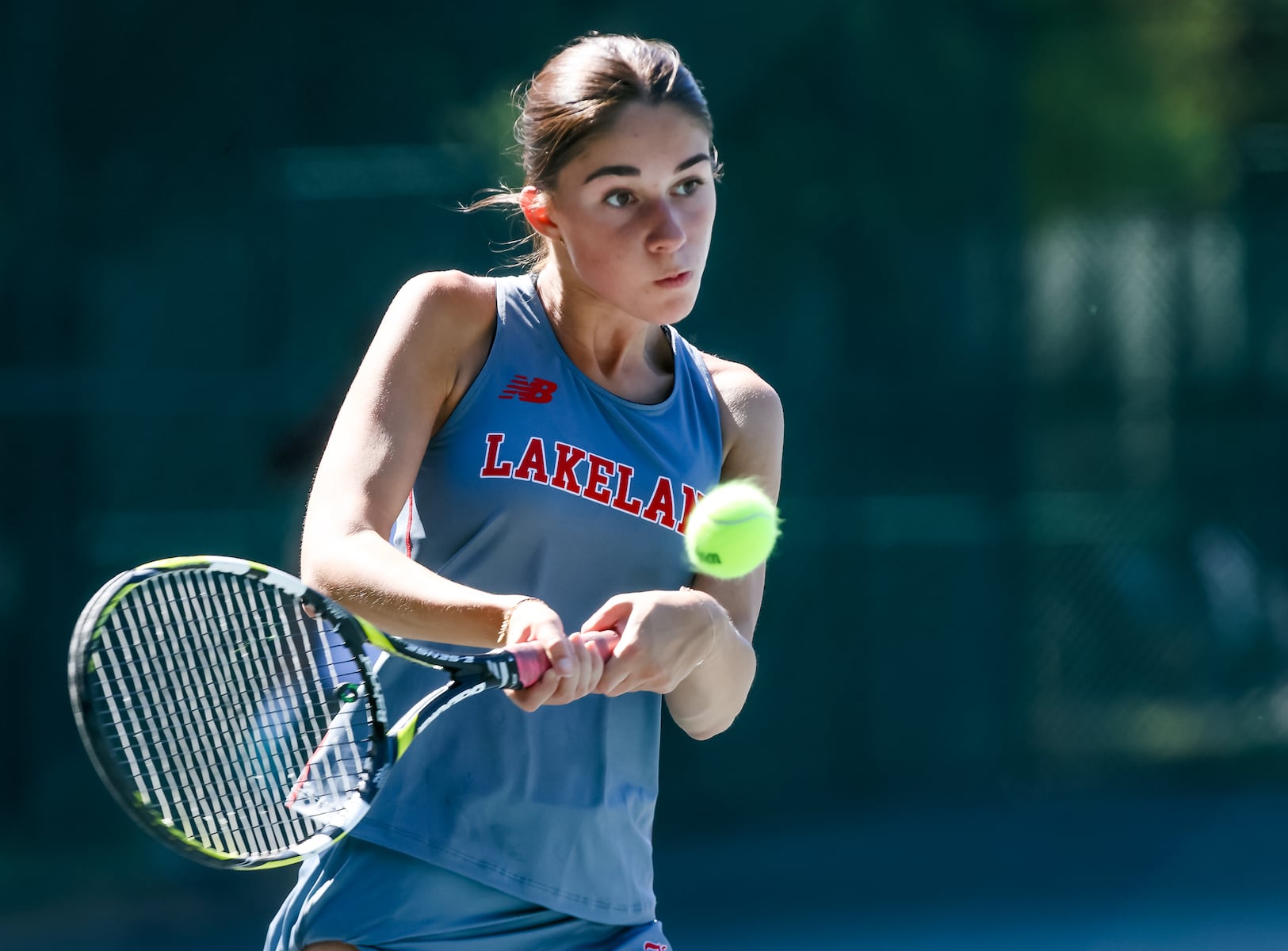 Emira Kaba of Lakeland returns a shot against Passaic Tech during the first doubles match of the girls tennis Passaic County Final at Hershfield Park in Pompton Lakes, NJ on Friday, September 19, 2025.
