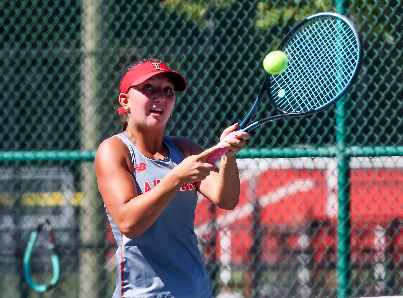 Emma Gabriel of Lakeland returns a shot against Wayne Hills during the second singles match of the girls tennis Passaic County Final at Hershfield Park in Pompton Lakes, NJ on Friday, September 19, 2025.