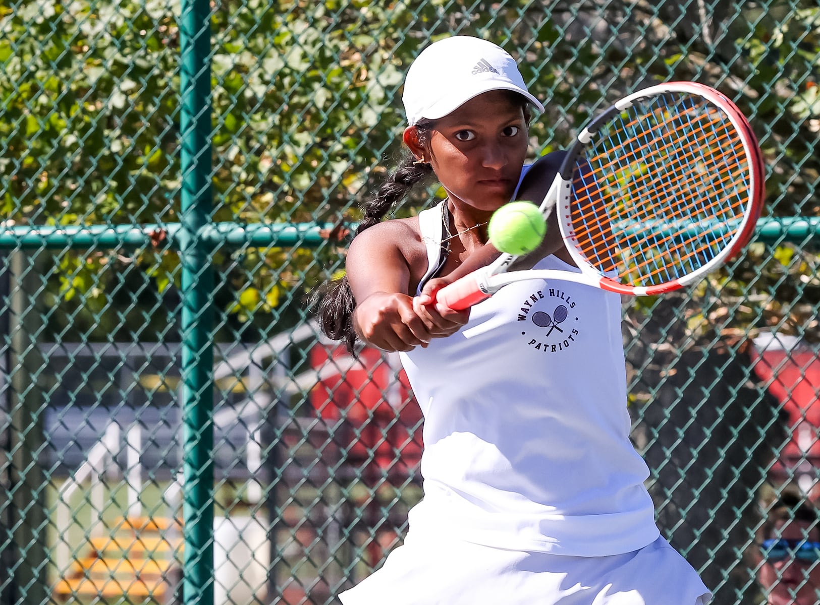 Poorvika Sampath returns a shot against Lakeland during the second singles match of the girls tennis Passaic County Final at Hershfield Park in Pompton Lakes, NJ on Friday, September 19, 2025.