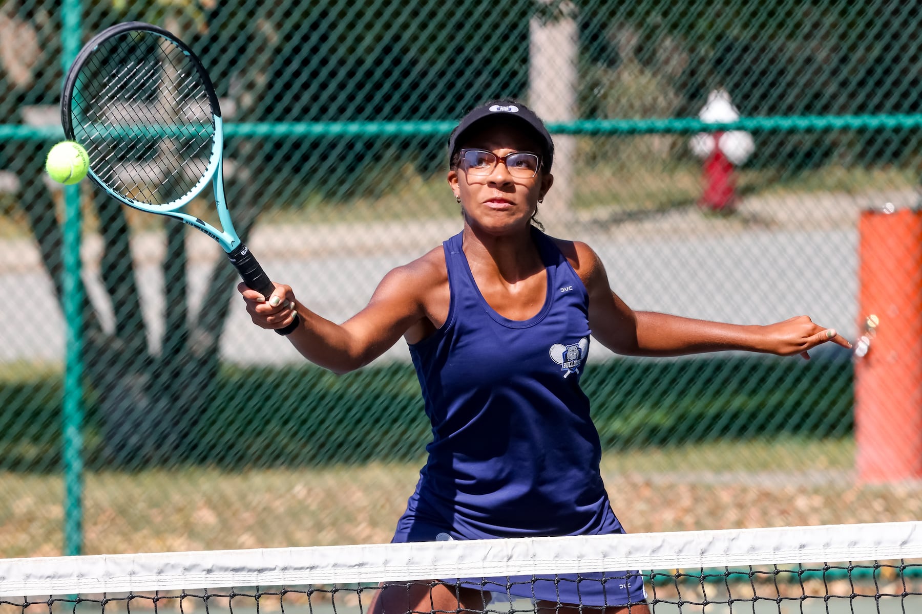 Abby Hall of Passaic Tech returns a shot against Lakeland during the first doubles match of the girls tennis Passaic County Final at Hershfield Park in Pompton Lakes, NJ on Friday, September 19, 2025.