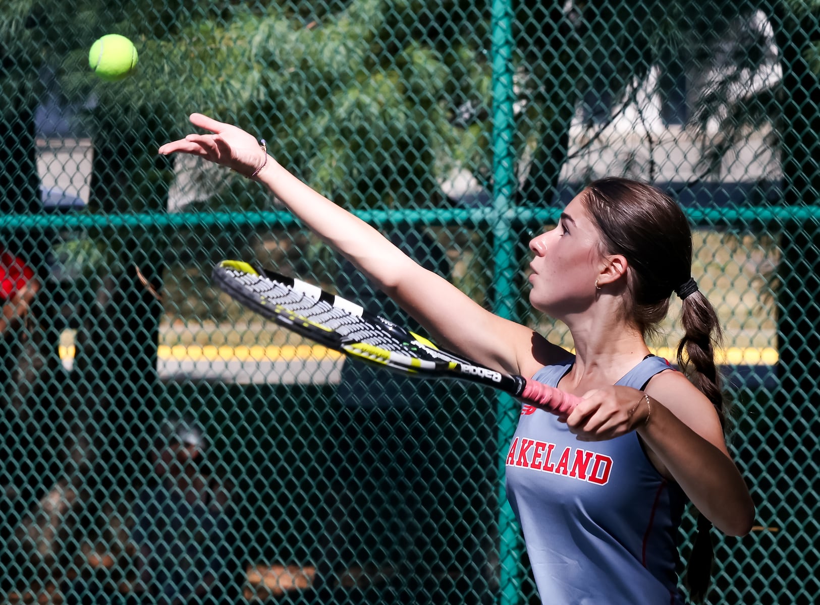 Emira Kaba of Lakeland serves the ball against Passaic Tech during the first doubles match of the girls tennis Passaic County Final at Hershfield Park in Pompton Lakes, NJ on Friday, September 19, 2025.