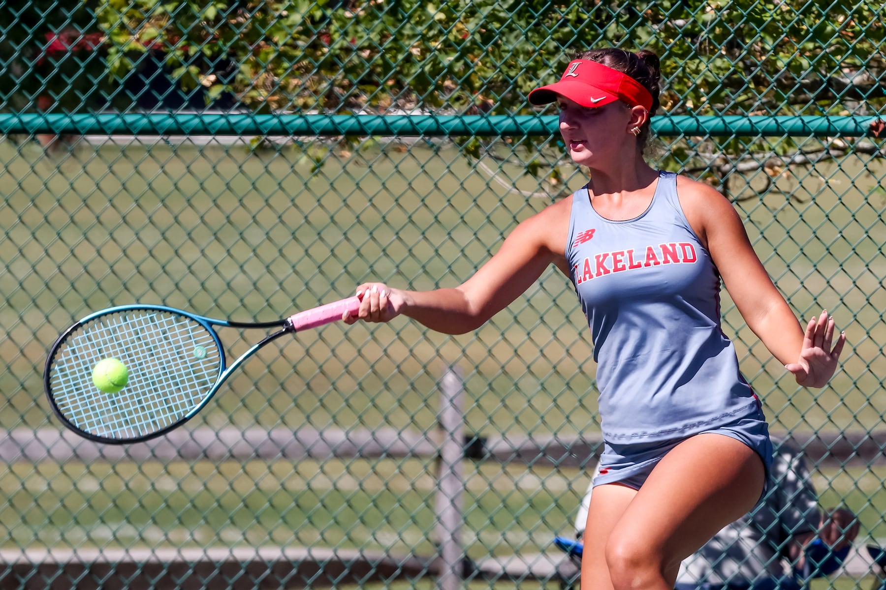 Emma Gabriel of Lakeland returns a shot against Wayne Hills during the second singles match of the girls tennis Passaic County Final at Hershfield Park in Pompton Lakes, NJ on Friday, September 19, 2025.