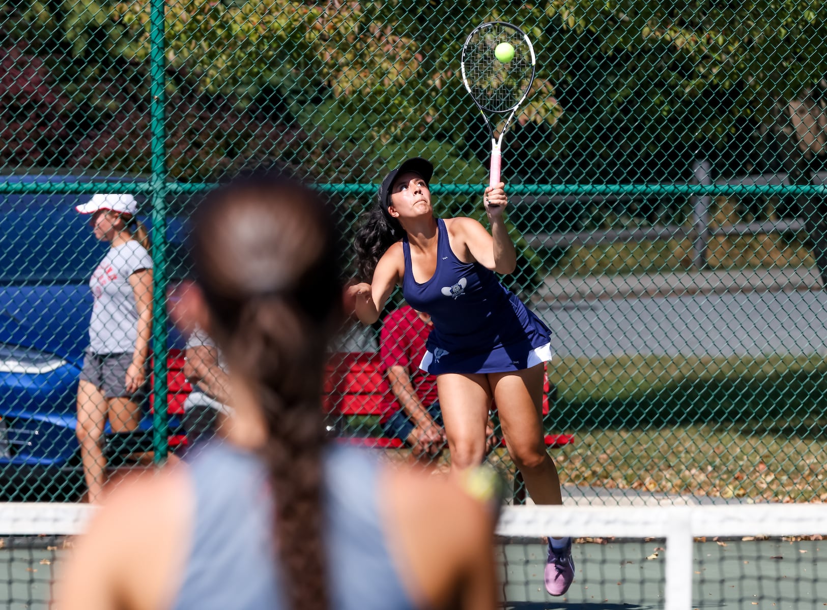 Rosalin Mendez of Passaic Tech serve the ball against Lakeland during the first doubles match of the girls tennis Passaic County Final at Hershfield Park in Pompton Lakes, NJ on Friday, September 19, 2025.