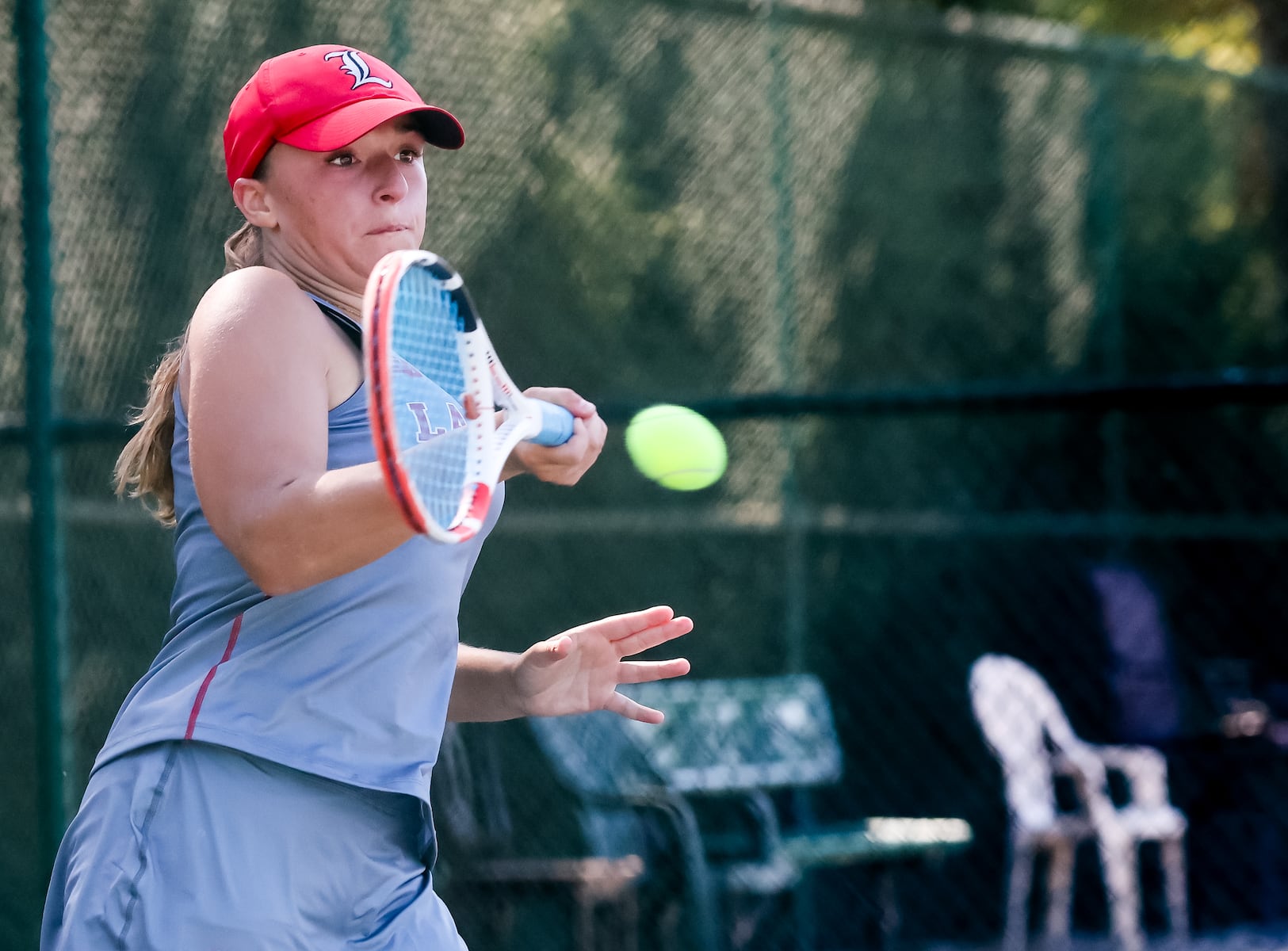 Katie Eviner of Lakeland returns a shot against Passaic Tech during the first singles match of the girls tennis Passaic County Final at Hershfield Park in Pompton Lakes, NJ on Friday, September 19, 2025.