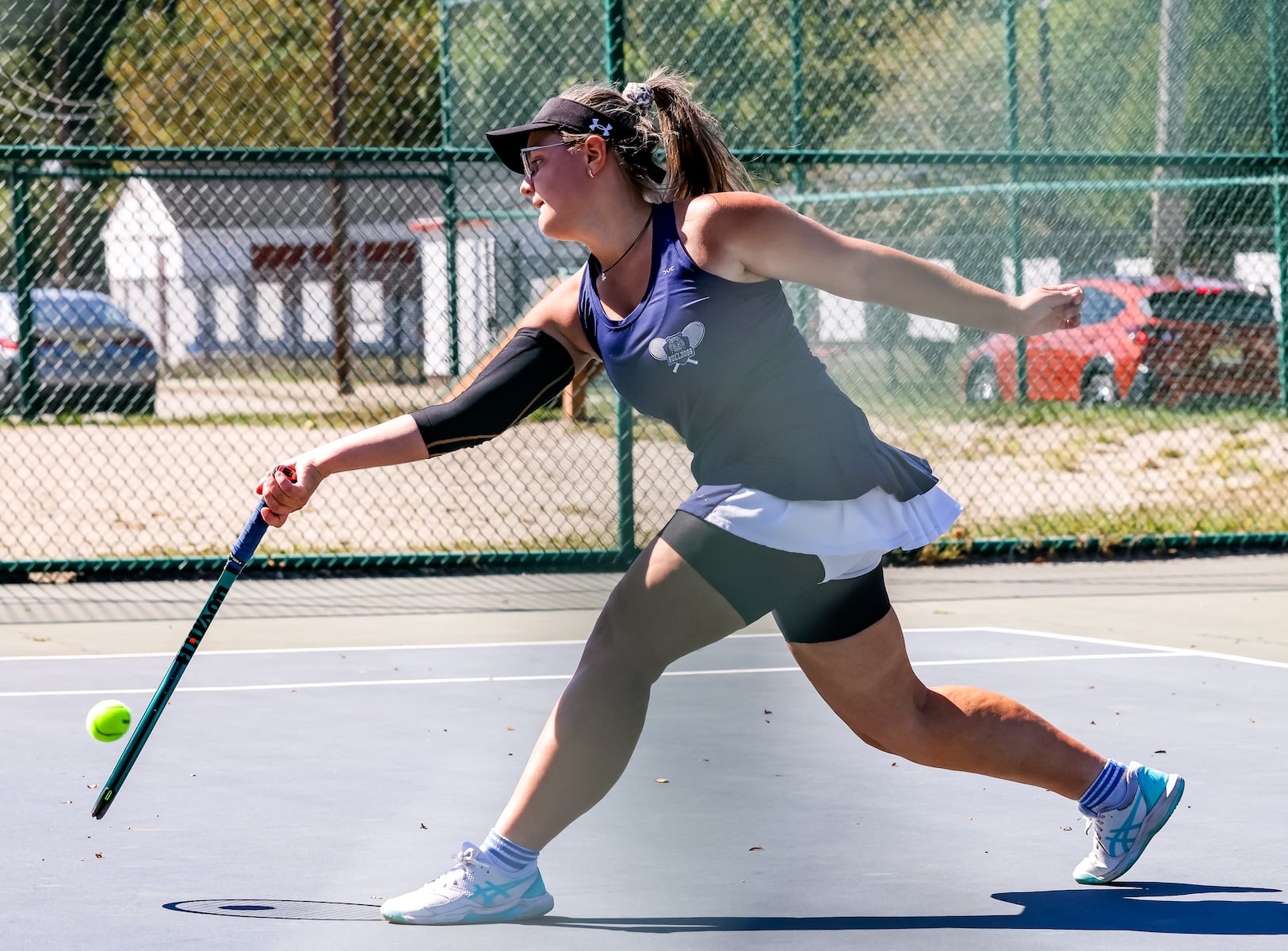 Hrystyna Khrupalo of Passaic Tech returns a shot against Lakeland during the first singles match of the girls tennis Passaic County Final at Hershfield Park in Pompton Lakes, NJ on Friday, September 19, 2025.