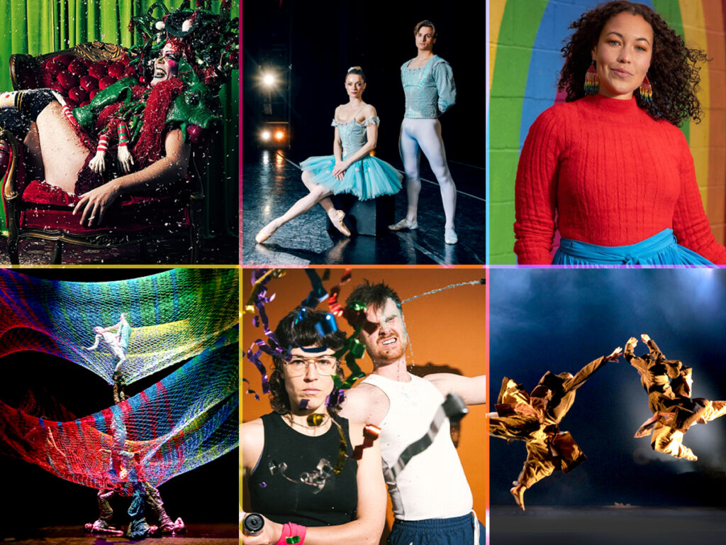 Clockwise, L to R: Taylor Mac's Holiday Sauce. Photo Credit: Little Fang Photography. Raymonda Variations performed by Carolina Ballet. Photo courtesy of Carolina Ballet. Aviva Neff of Blood Earth Water. Photo courtesy of the Process Series. Samsara. Photo by Nirvair Singh Rai. Pony Cam’s Burnout Paradise. Photo by Cameron Grant. Noli Timeri. Photo courtesy of NC State Live.