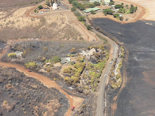 COURTESY MFD
This aerial photo from the Maui Fire Department shows some of the area burned by the Holomua wildfire this week. One home was threatened, but not damaged, by the blaze.