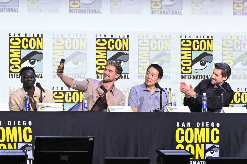 Tut Nyuot, Garrett Wareing, Roy Lee and J.T. Mollner speak during “The Long Walk” panel at ...