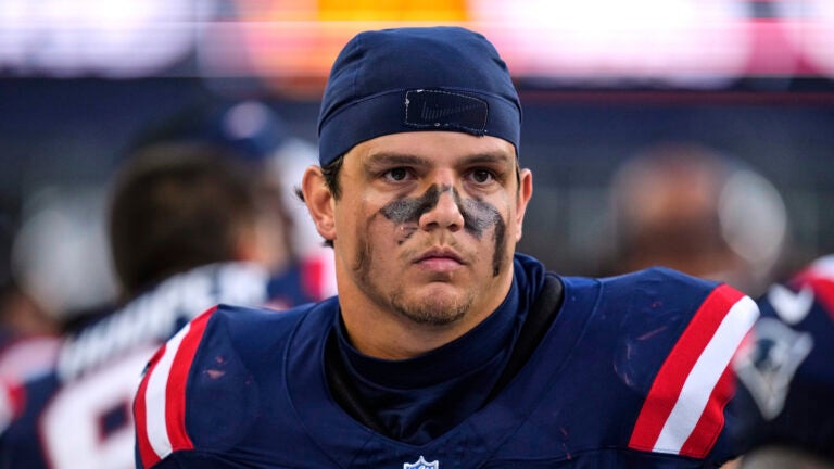 New England Patriots offensive tackle Will Campbell (66) prior to an NFL preseason football game, Friday, Aug. 8, 2025, in Foxborough, Mass.