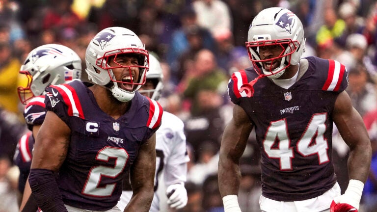 New England Patriots linebacker Harold Landry III (2) celebrates a defensive play during the first quarter. The New England Patriots host the Las Vegas Raiders in the 2025 season home opener Sunday, September 7, 2025 at Gillette Stadium in Foxborough, MA.