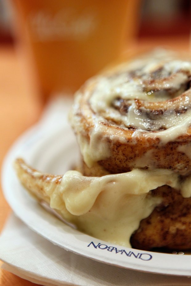 In the food court at a the Westfield Hawthorne shopping mall in Vernon Hills, a sampling of a classic Cinnabon Friday, Nov. 19, 2010. (Chris Walker/Chicago Tribune)-play-cheap-eats-food-court B58873100z.1....OUTSIDE TRIBUNE CO.- NO MAGS, NO SALES, NO INTERNET, NO TV, NEW YORK TIMES OUT, CHICAGO OUT, NO DIGITAL MANIPULATION...